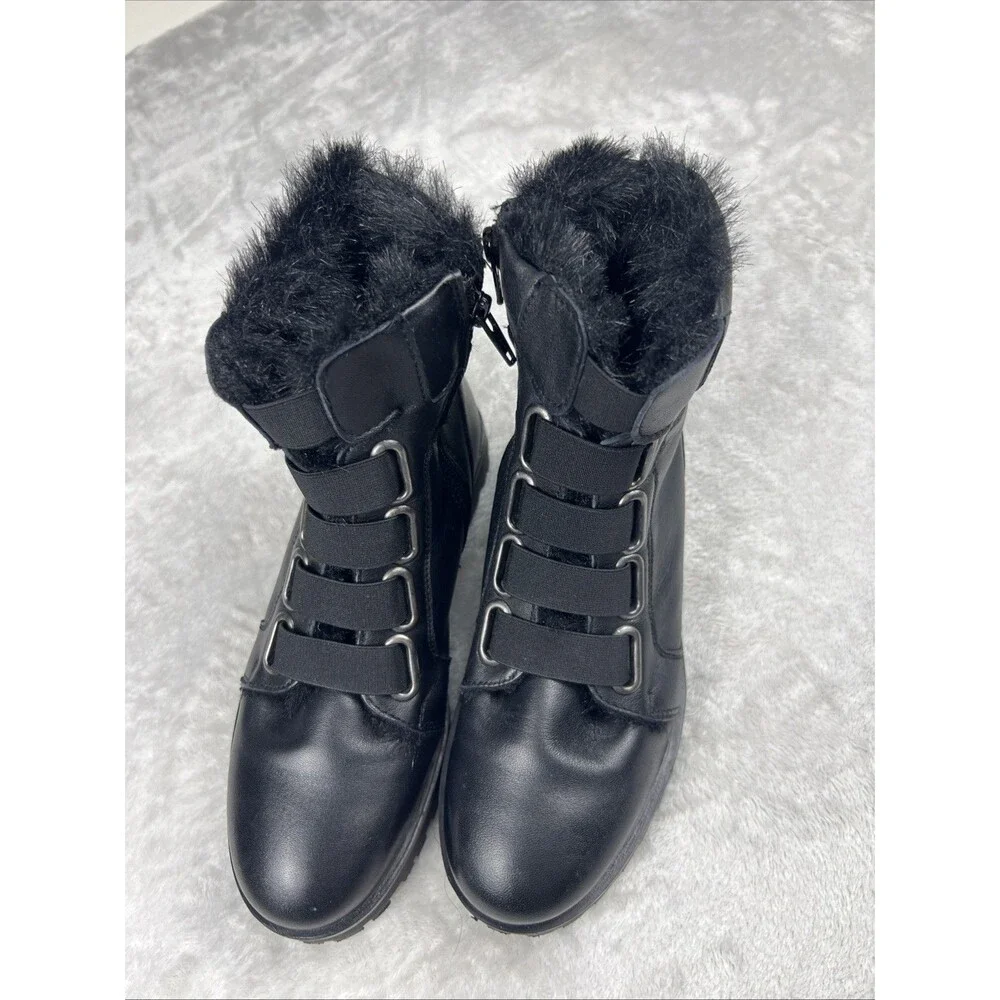 BEARPAW Vivian BOOT 7 Black SHEEP Nappa LEATHER Ankle Short Hiking Biker Fur
